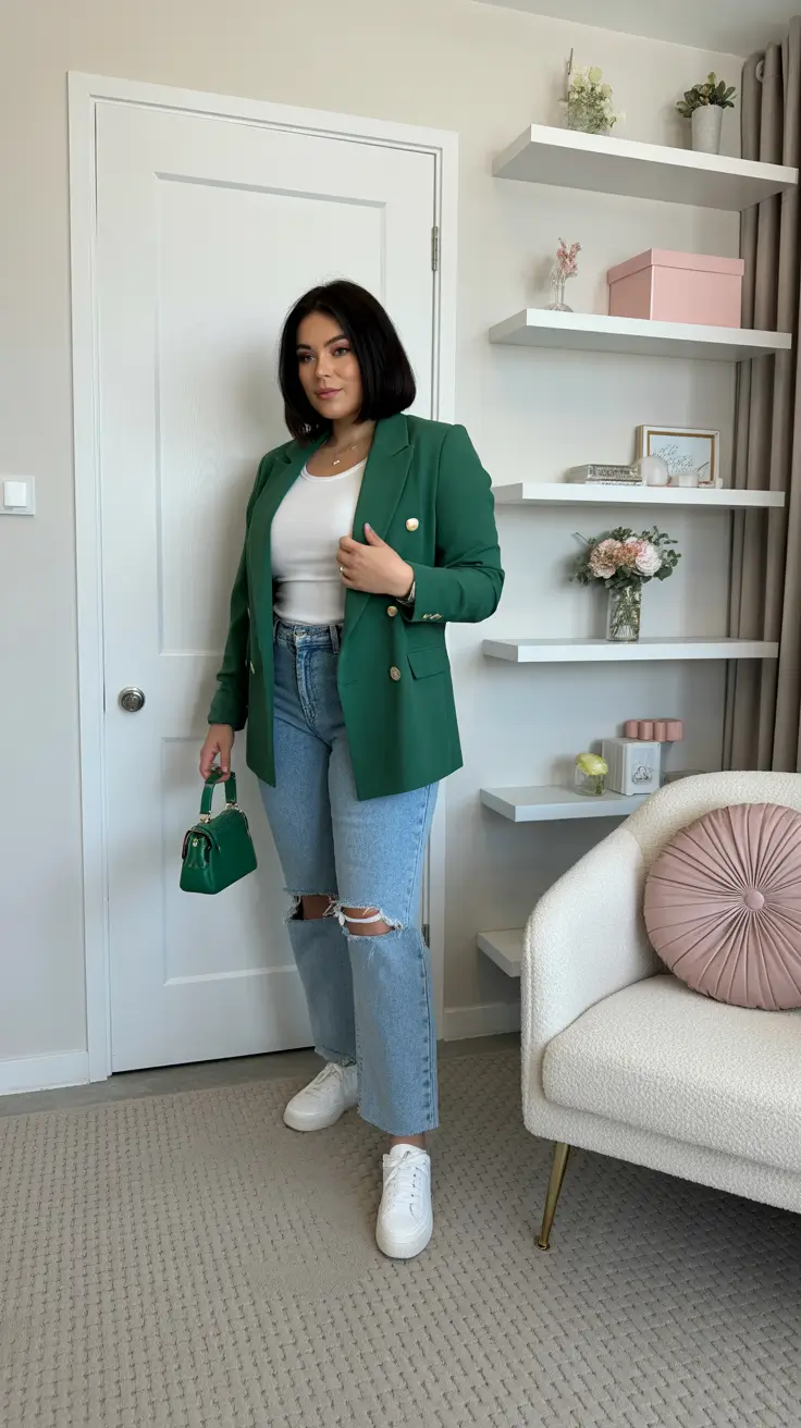 midsize spring outfits 2026 Structured Green Blazer and Clean Denim
