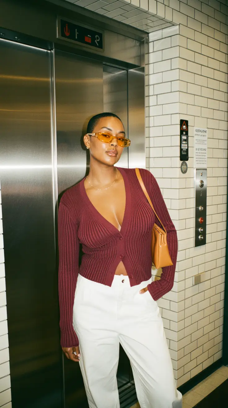 midsize spring outfits 2026 Deep Burgundy Knit With Clean Spring Whites