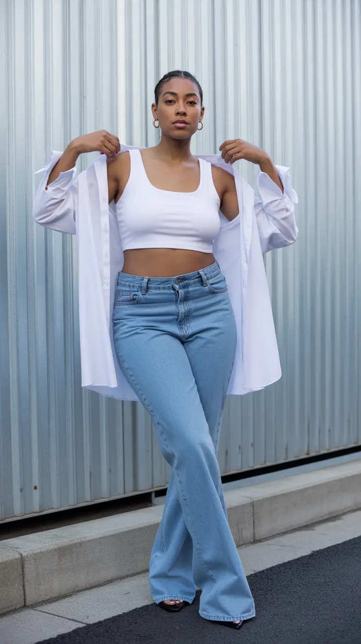 midsize spring outfits 2026 Classic White Layers and Light Denim Ease