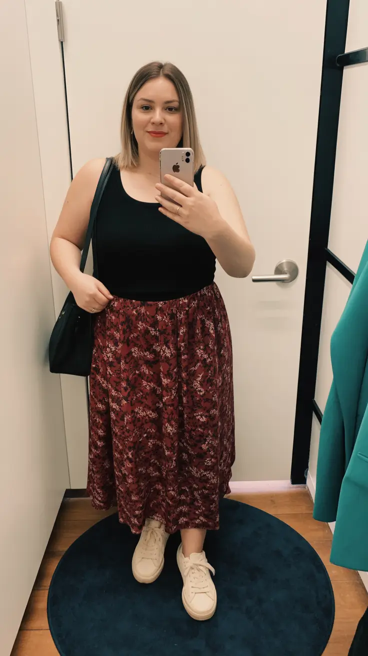 midsize spring outfits 2026 Berry Toned Skirt With Minimal Black Layers