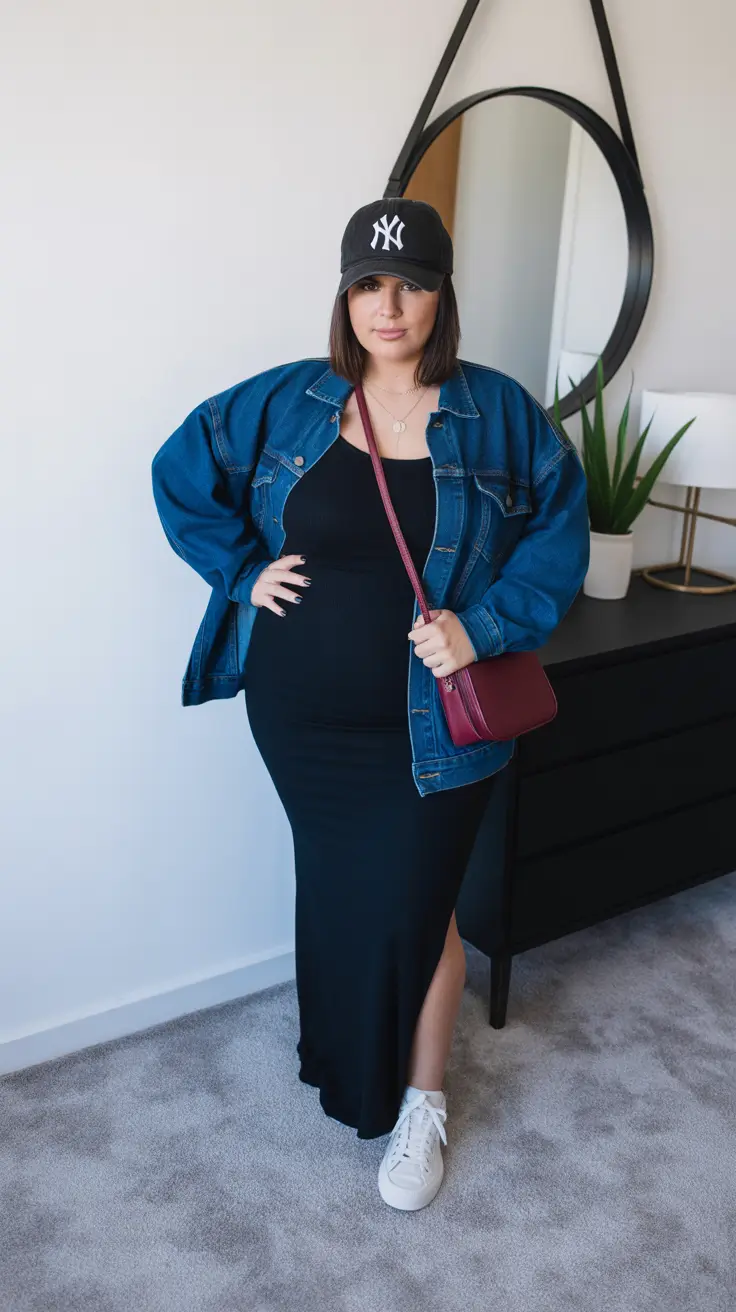 midsize spring outfits 2026 Sporty Denim and Black Dress Confidence