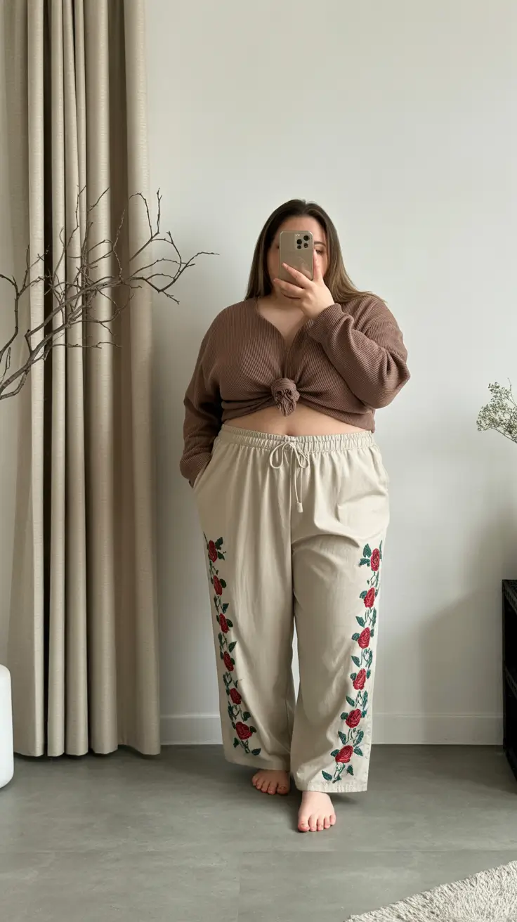 midsize spring outfits 2026 Soft Neutrals and Embroidered Spring Trousers