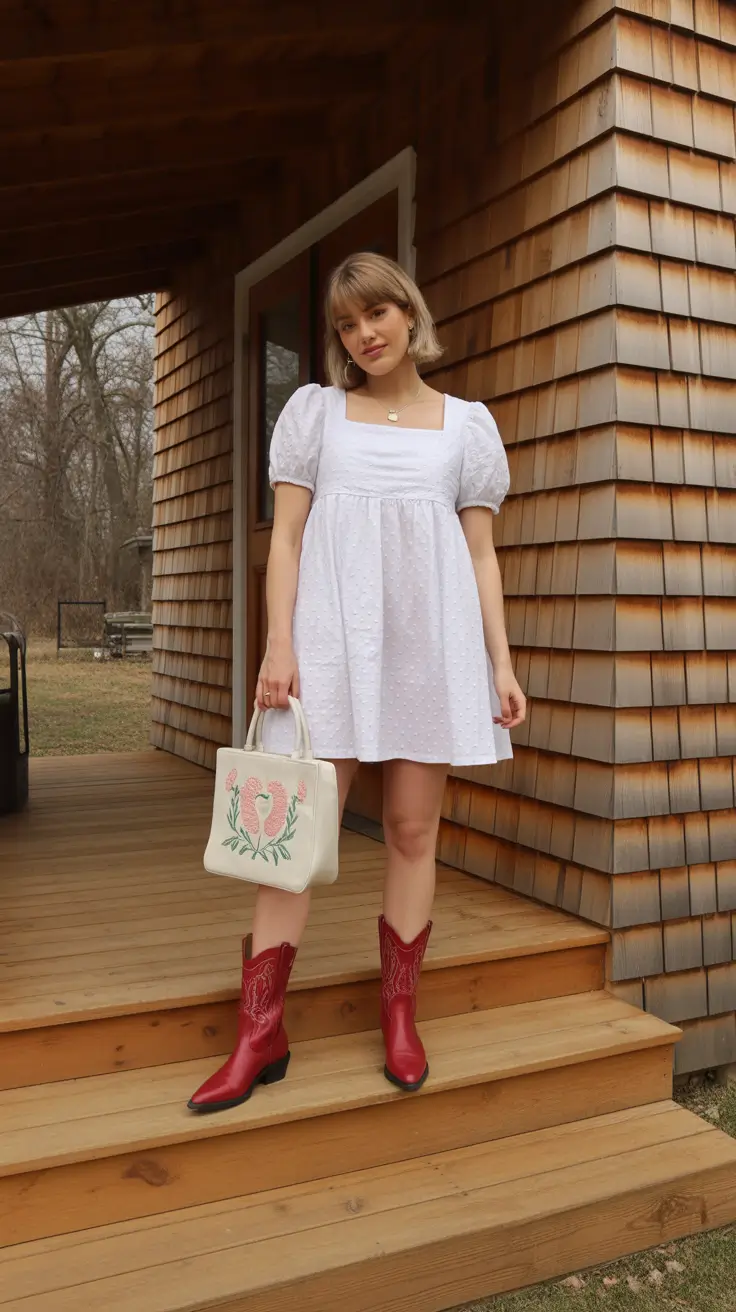 midsize spring outfits 2026 Country Inspired Whites With Bold Red Boots