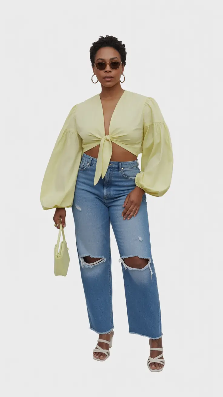 midsize spring outfits 2026 Bold Citrus Tones With Distressed Denim