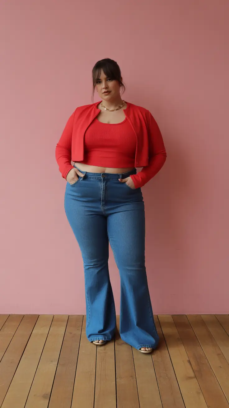 midsize spring outfits 2026 Bold Spring Color With Flared Denim