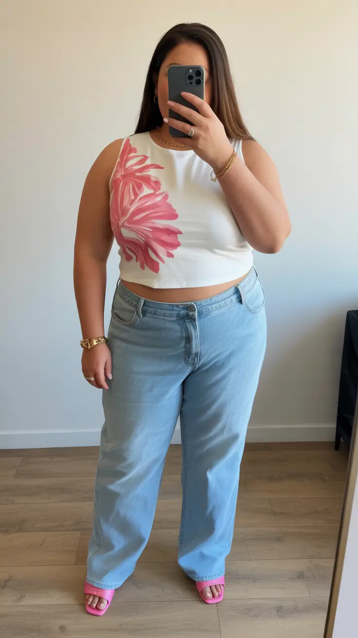 midsize spring outfits 2026 Soft Denim and Floral Pop Simplicity