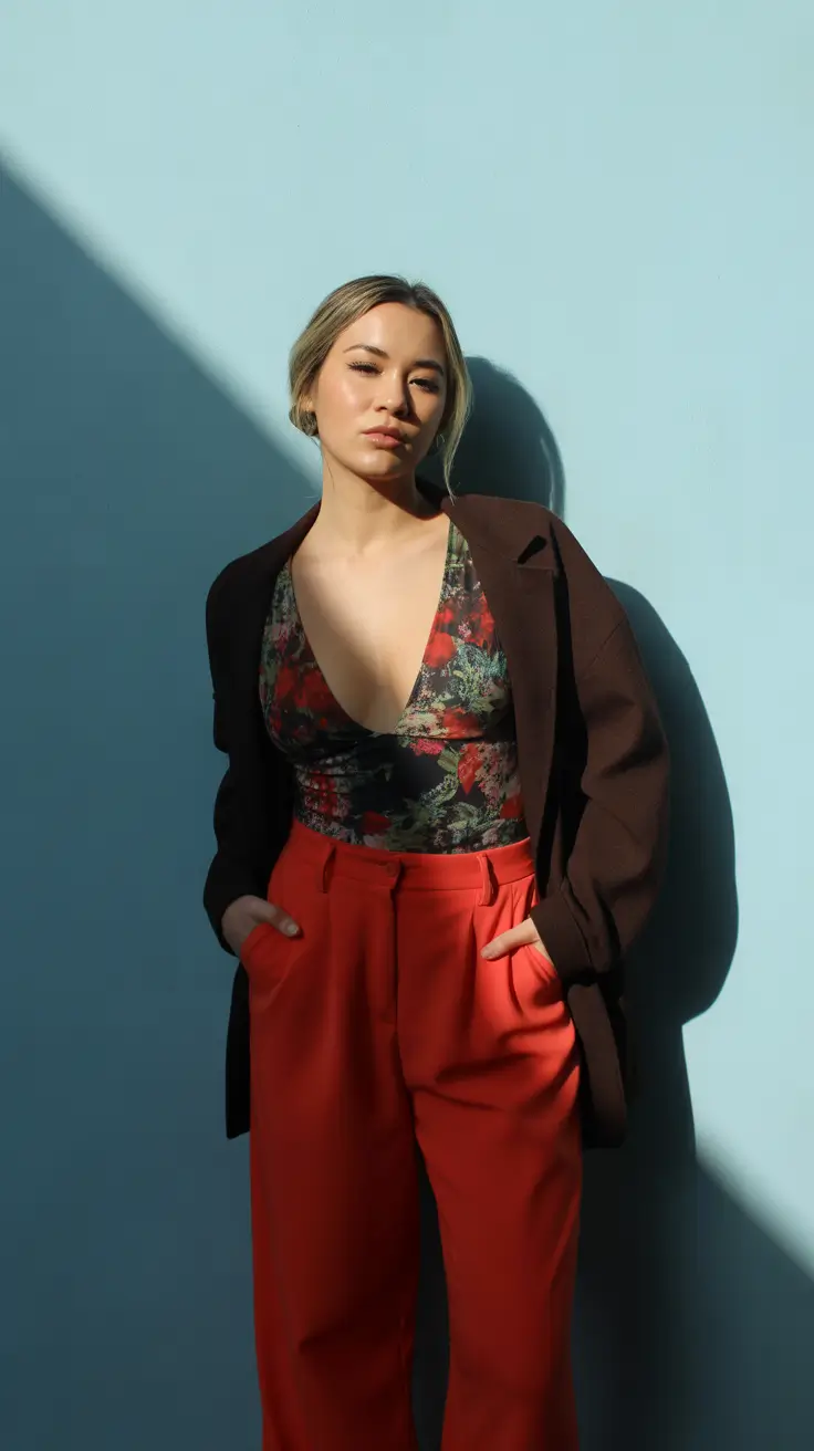 midsize spring outfits 2026 Bold Florals and Power Red Tailoring