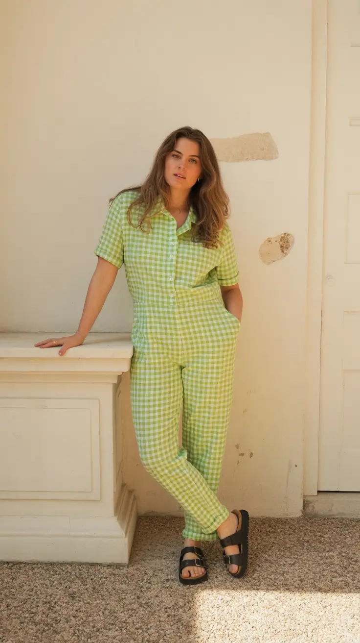 midsize spring outfits 2026 Green Gingham Playfulness for Bright Spring Mornings