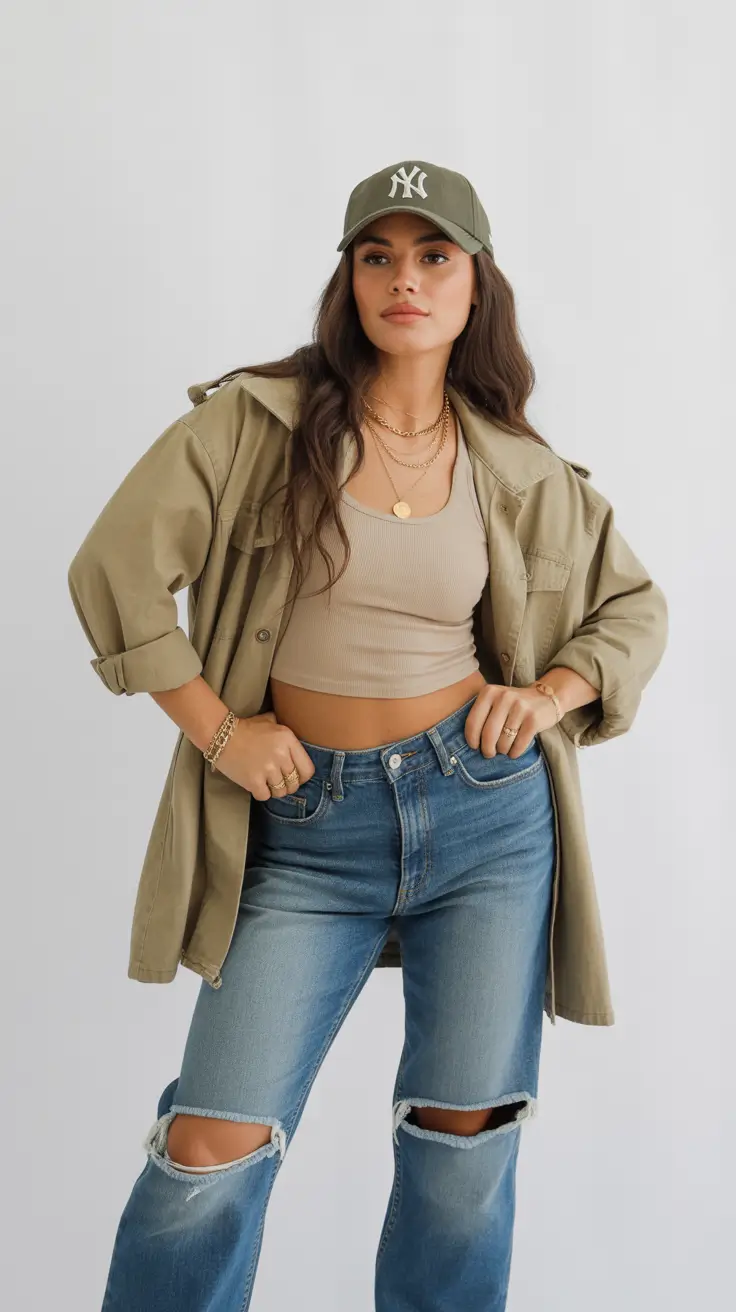 spring jeans outfits Earthy Layers with Ripped Denim