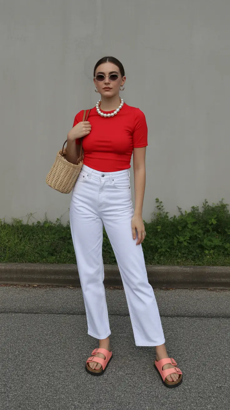 spring jeans outfits Bright Red Minimalism with Crisp White Denim