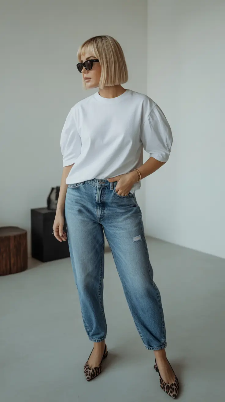 spring jeans outfits White Puff Sleeves and Relaxed Denim Ease