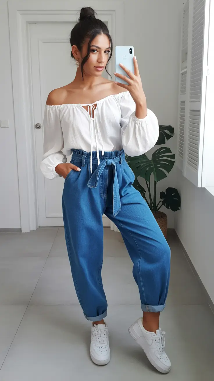spring jeans outfits Off-the-Shoulder Softness with Tie-Waist Denim