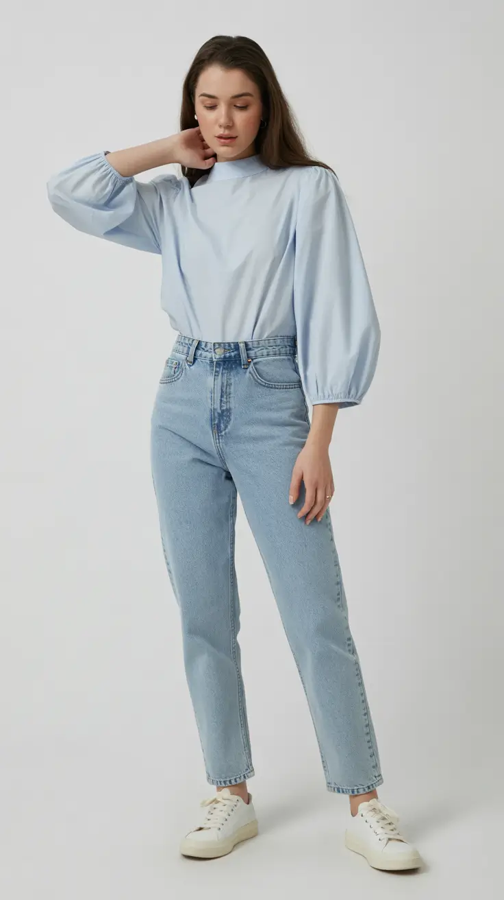 spring jeans outfits Soft Blue Volume with Easy Straight Denim