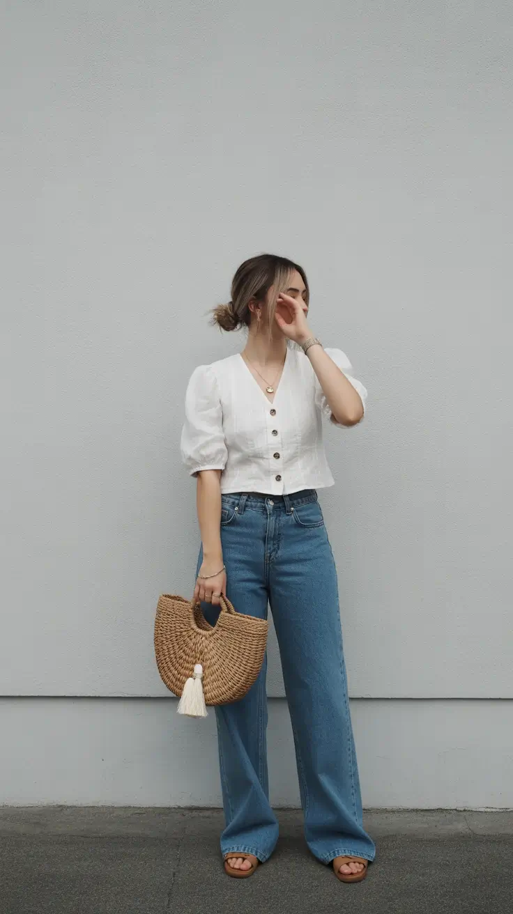 spring jeans outfits Crisp White Linen and Wide-Leg Denim
