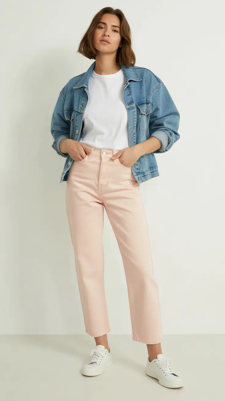 spring jeans outfits Pastel Pink Denim and a Classic Denim Jacket