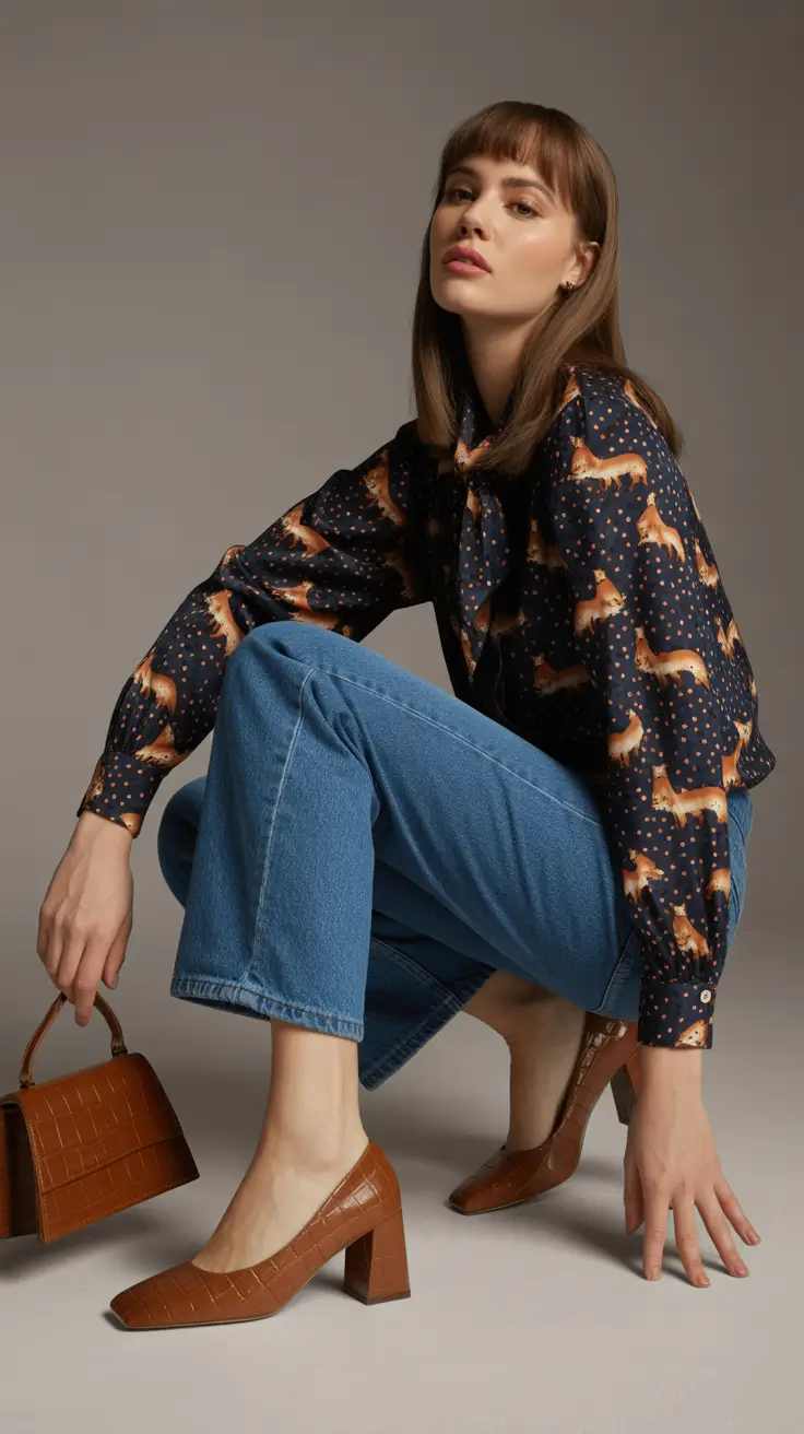 spring jeans outfits Dark Statement Prints with Retro Denim