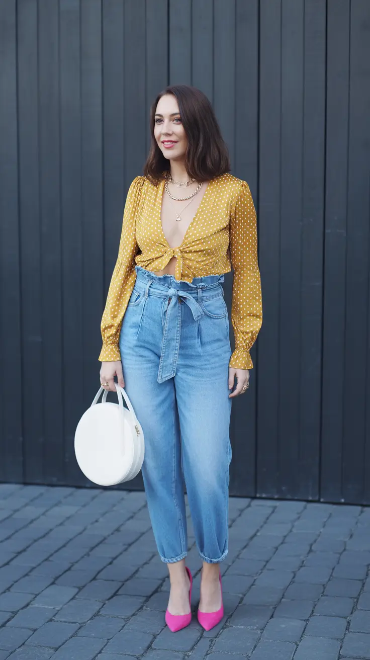 spring jeans outfits Mustard Polka Dots and High-Waist Structure