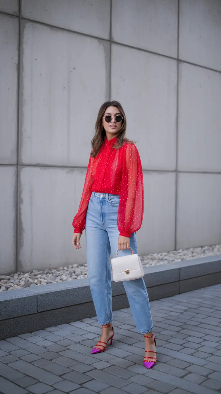 spring jeans outfits Red Sheer Confidence with Classic Denim