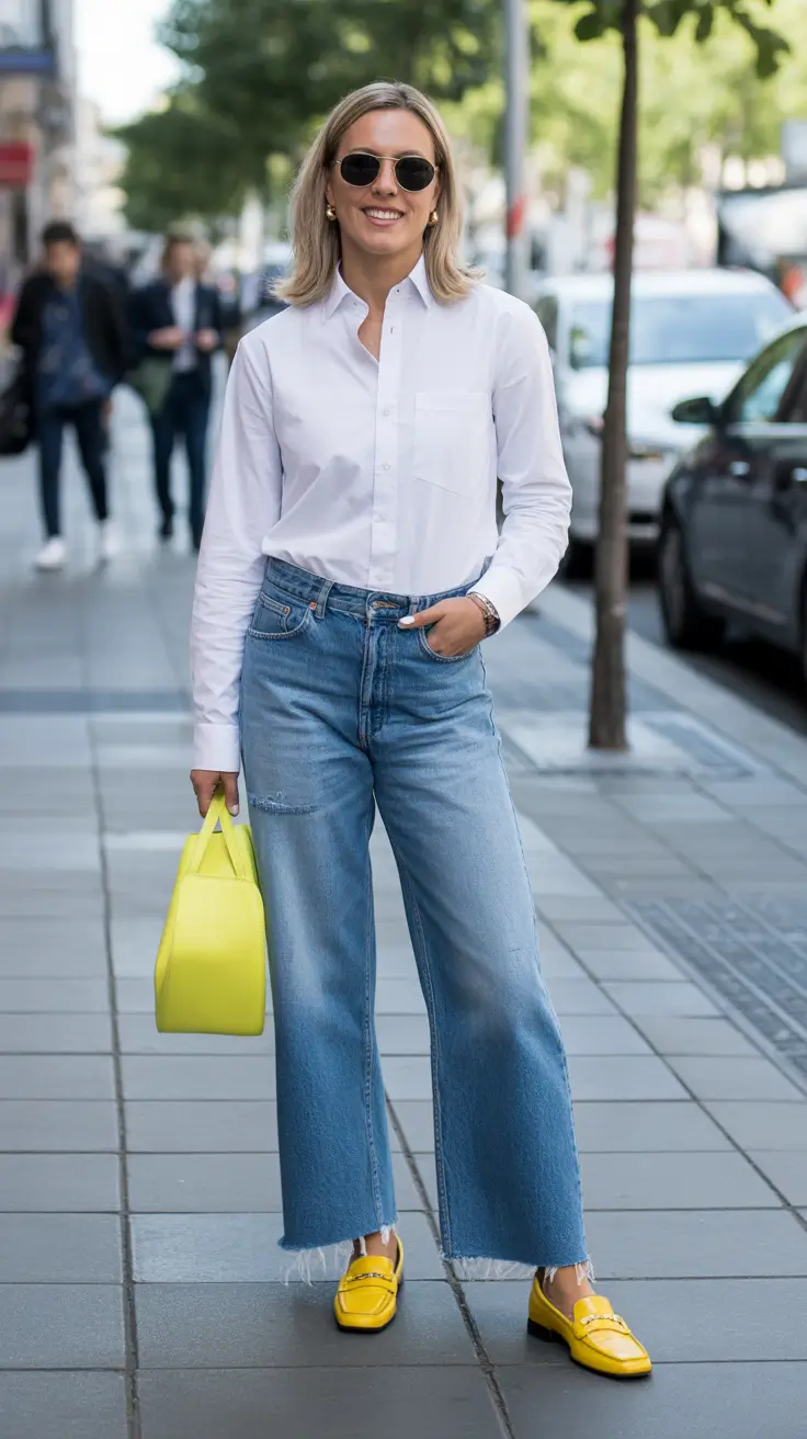 spring jeans outfits Crisp Shirt and Bold Yellow Accessories