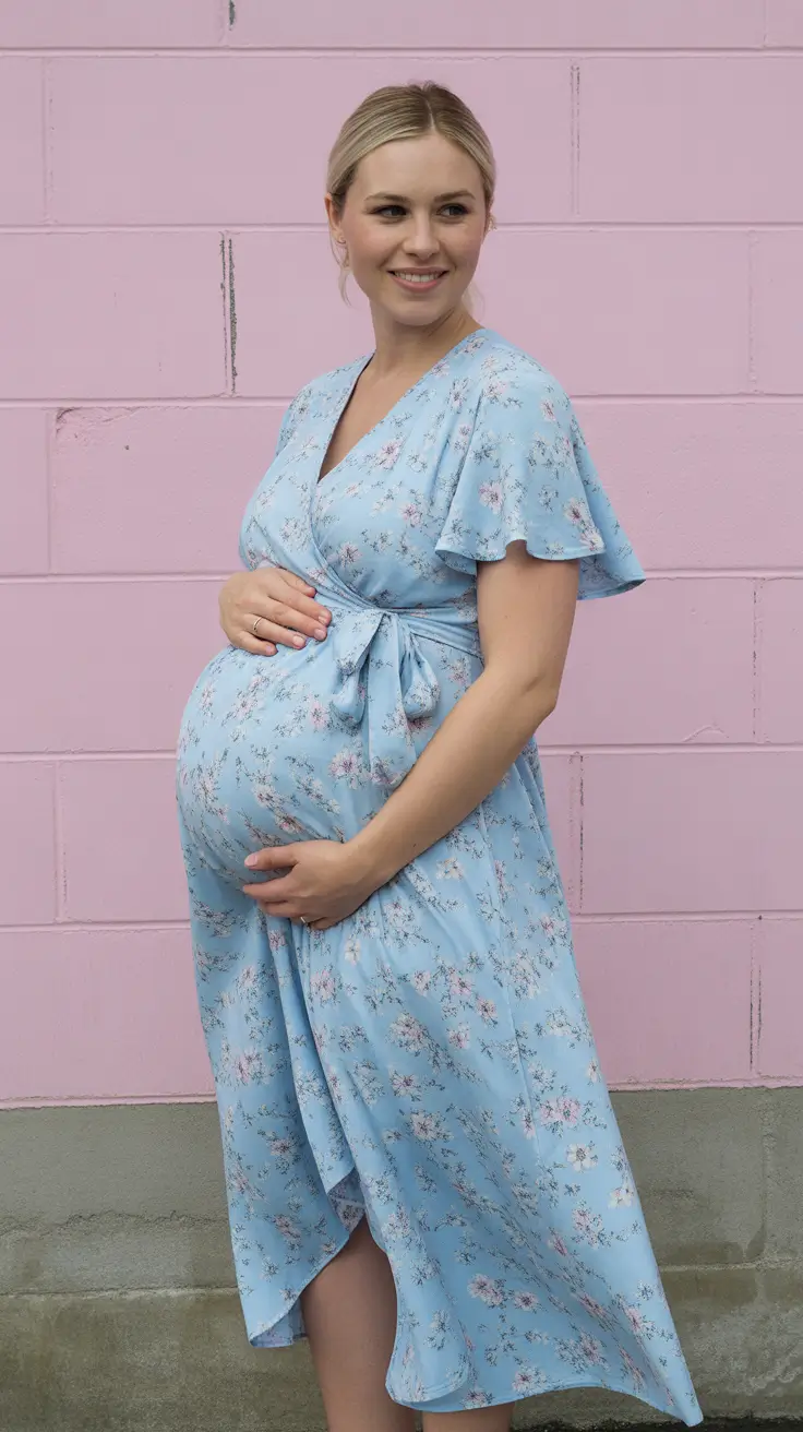 chic spring outfit for pregnant women 2026 Sky-Blue Florals for a Gentle Spring Glow