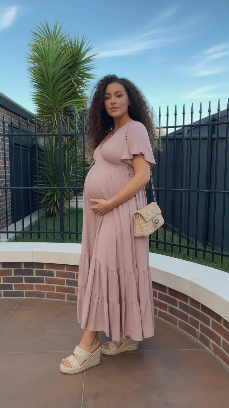 chic spring outfit for pregnant women 2026 Blush-Toned Elegance with Soft Movement