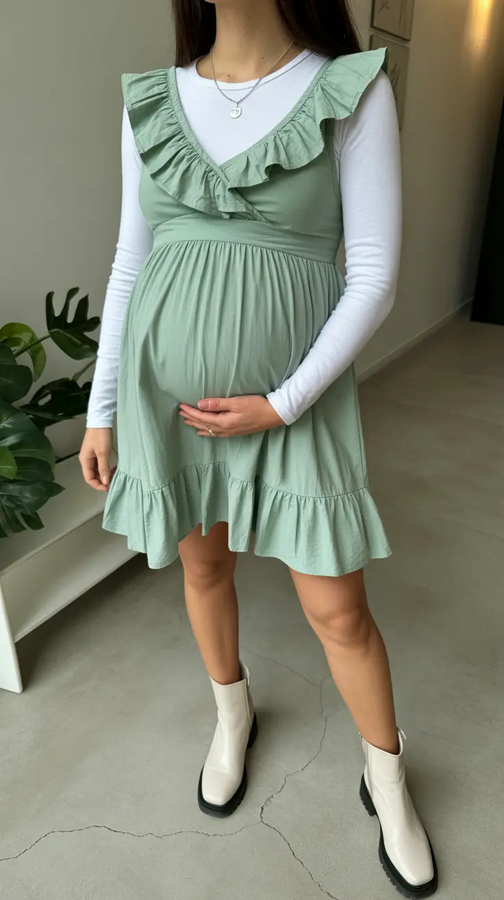 chic spring outfit for pregnant women 2026 A Mint Ruffle Dress for Playful Spring Freshness
