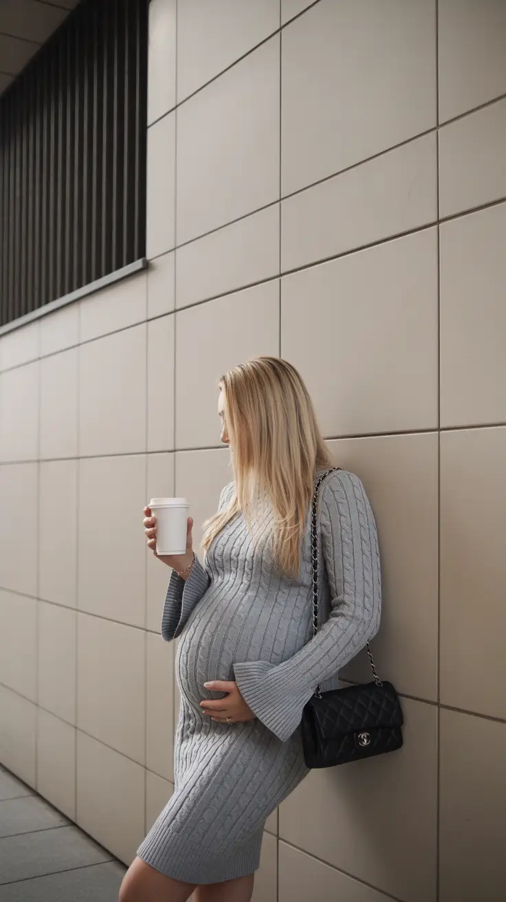 chic spring outfit for pregnant women 2026 Modern Grey Knit with a Touch of City Chic