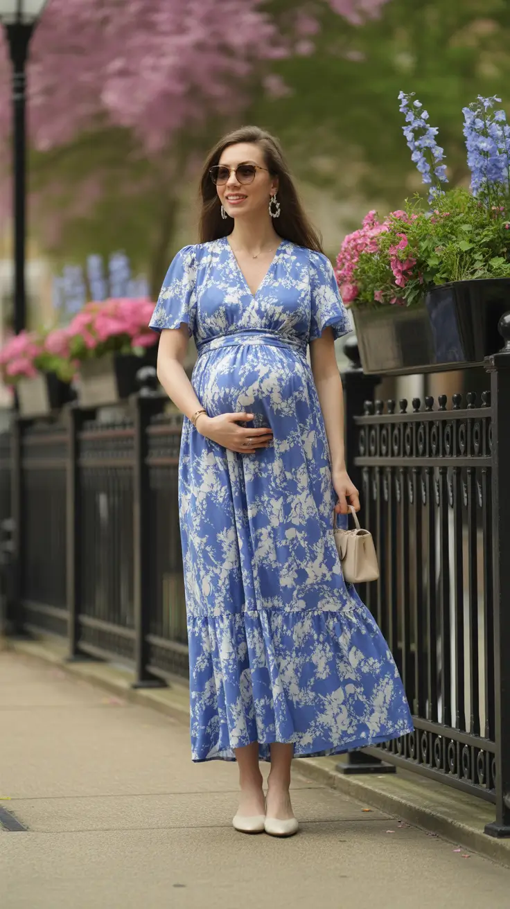 chic spring outfit for pregnant women 2026 Breezy Blue Elegance for City Strolls