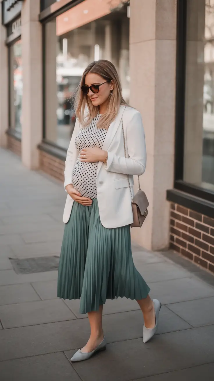 chic spring outfit for pregnant women 2026 Polished Layers with a Playful Touch