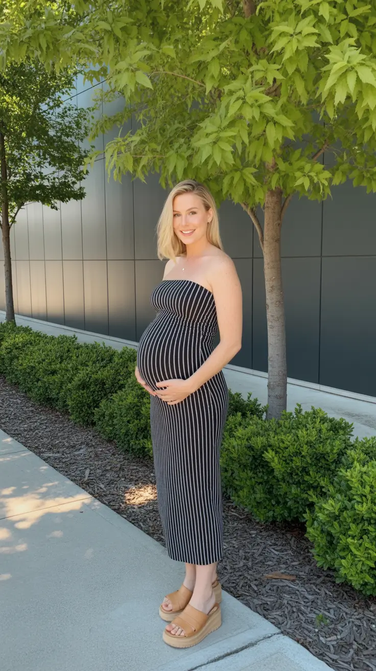 chic spring outfit for pregnant women 2026 Chic Stripes with a Modern Silhouette