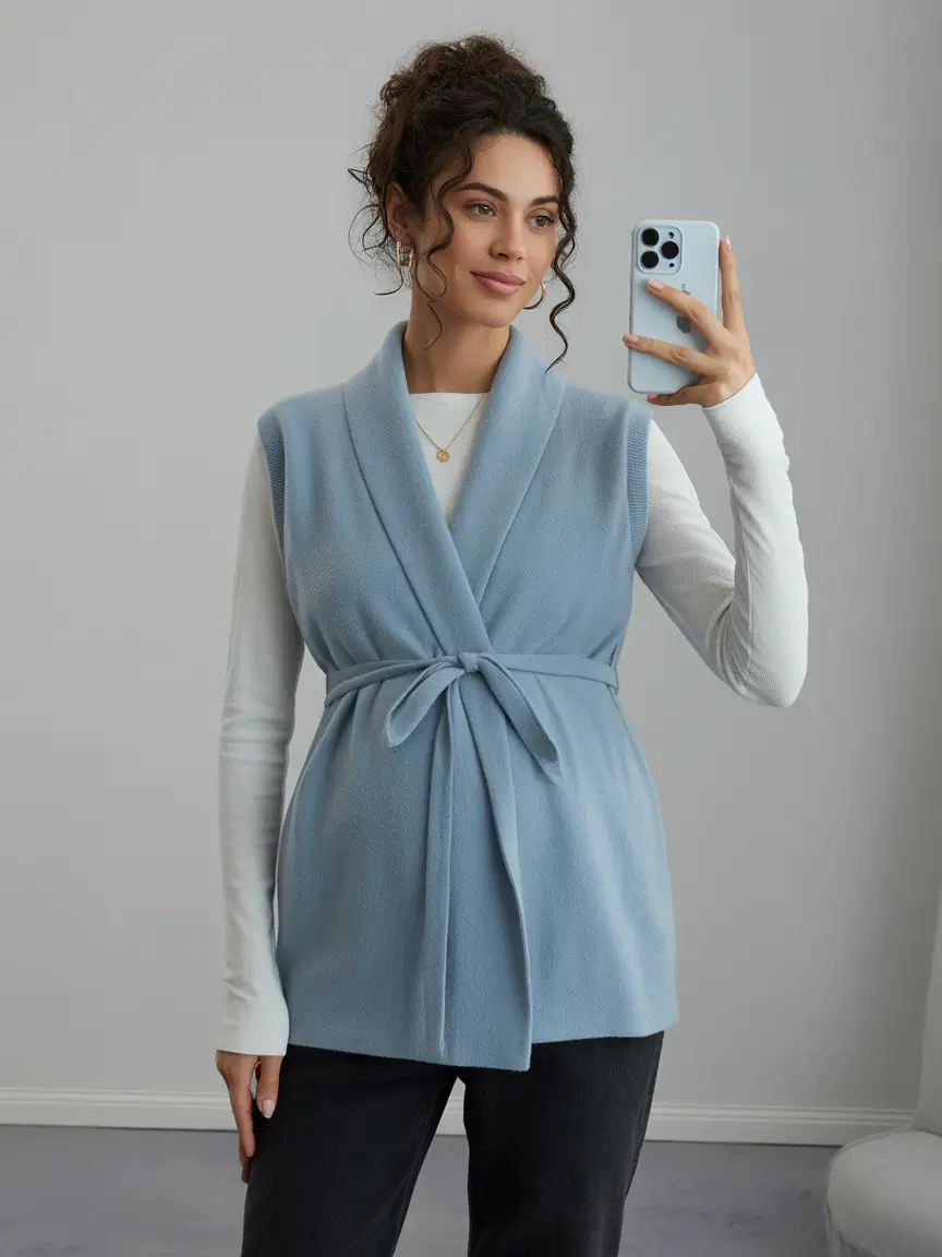 chic spring outfit for pregnant women 2026 Layered Softness for an Elevated Casual Morning