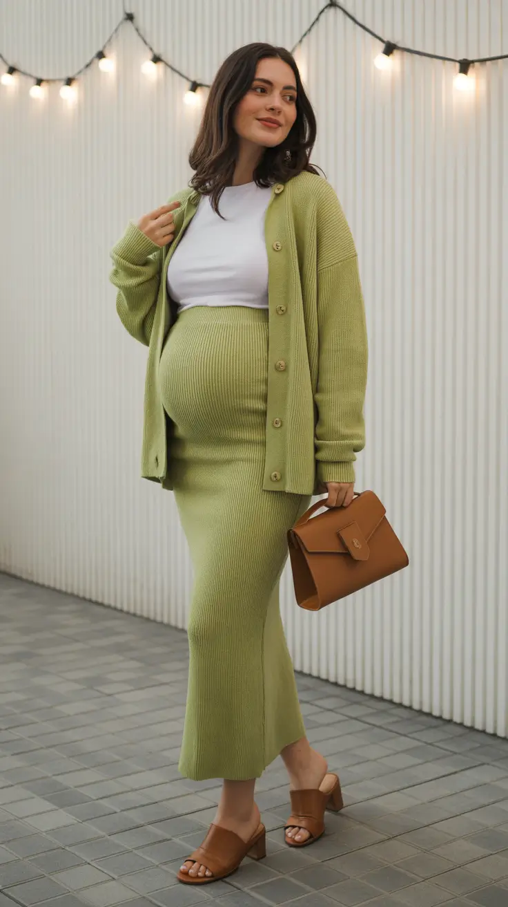 chic spring outfit for pregnant women 2026 Fresh Green Knit to Celebrate the Season
