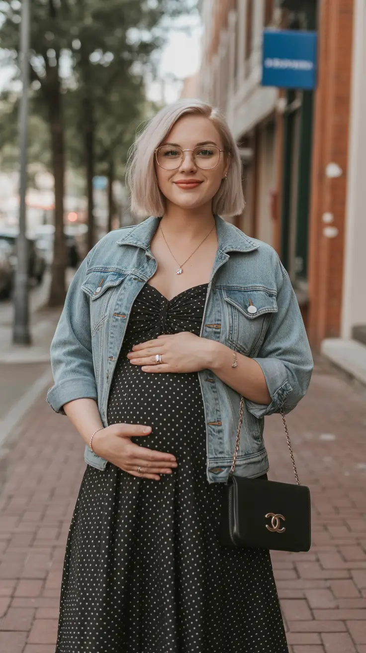 chic spring outfit for pregnant women 2026 Classic Dots with a Denim Twist