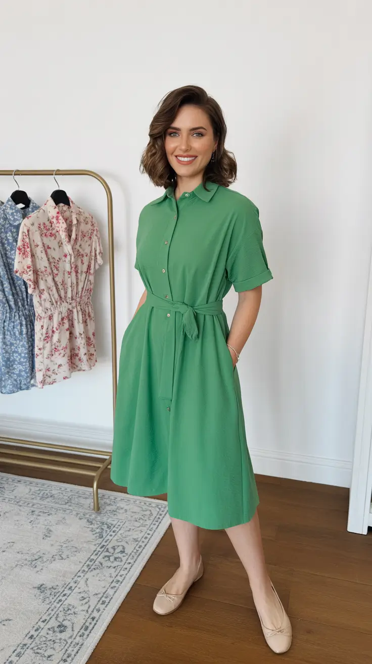 spring mom outfits 2026 Green Shirt Dress for Easy Elegance