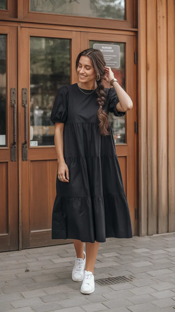 spring mom outfits 2026 Black Puff-Sleeve Dress With Sporty Ease