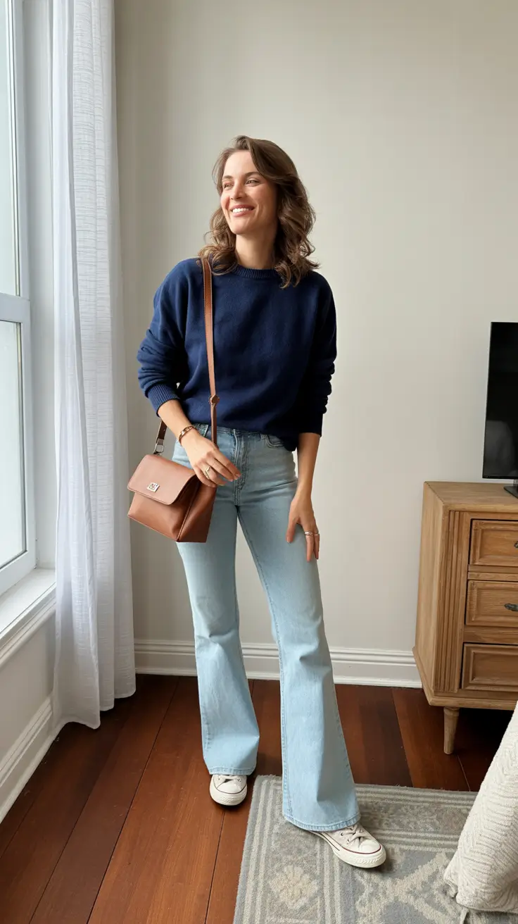 spring mom outfits 2026 Navy Classics With Light Denim Ease