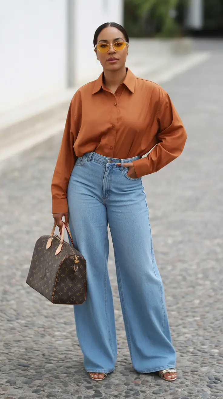 spring mom outfits 2026 Burnt Orange Elegance With Wide-Leg Denim