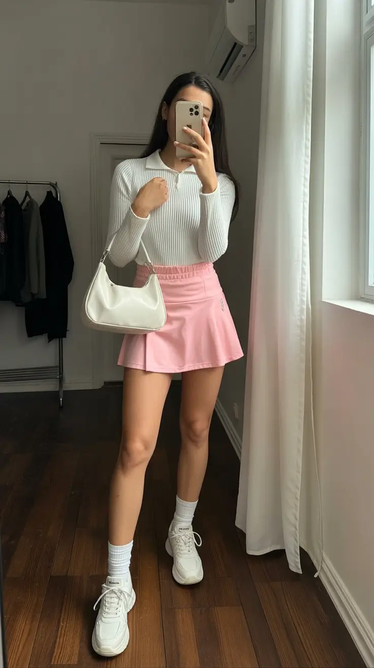 best tennis skirt spring outfits 2026 Soft Pink Flair With Crisp Knit Texture