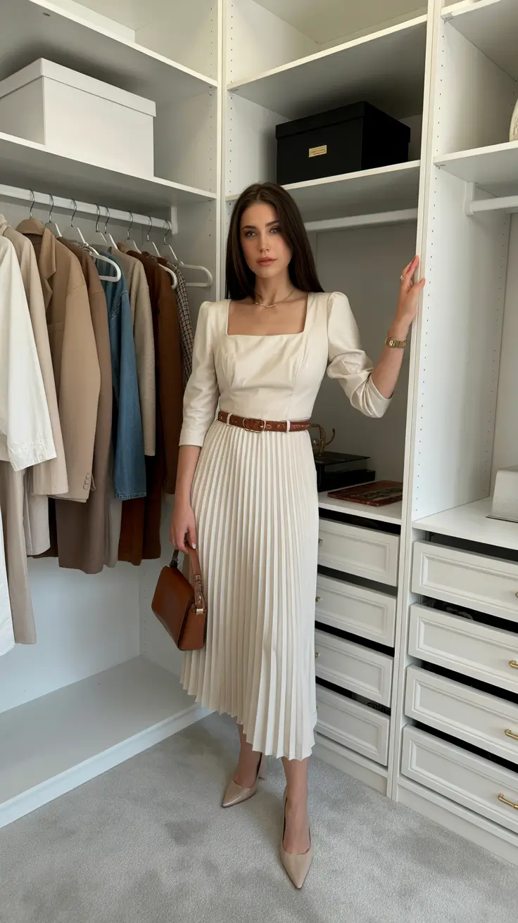 bold old money spring outfits 2026 Cream Pleats and Square-Neck Poise
