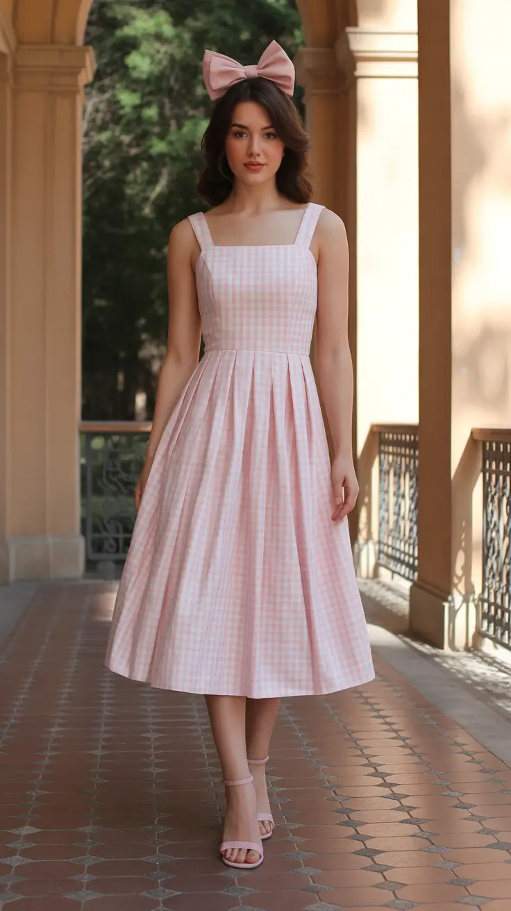 bold old money spring outfits 2026 Pink Gingham Whimsy with Ballroom Grace