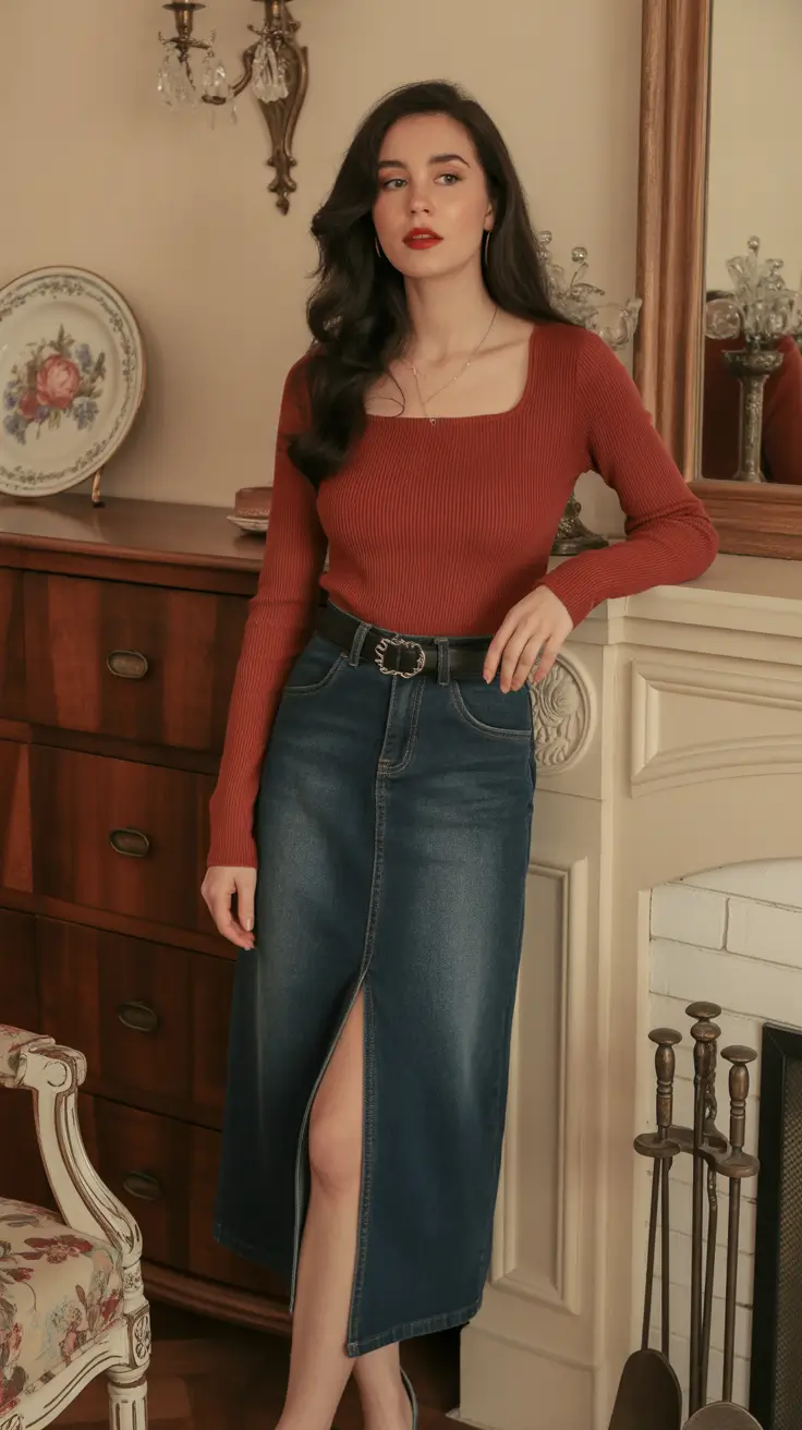 bold old money spring outfits 2026 Rust-Toned Knitwear with Denim Heritage