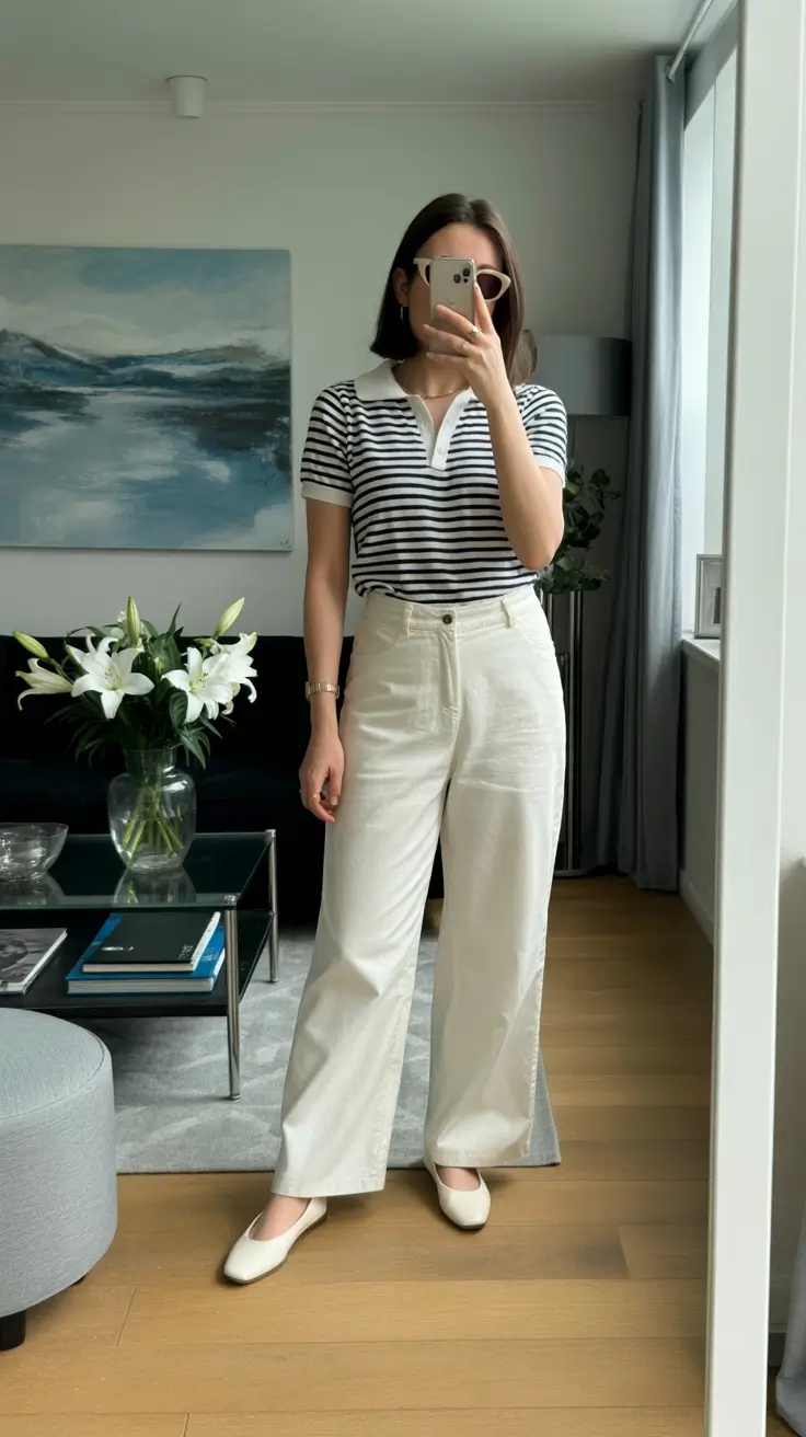 bold old money spring outfits 2026 Striped Polo Ease in Clean Spring Neutrals