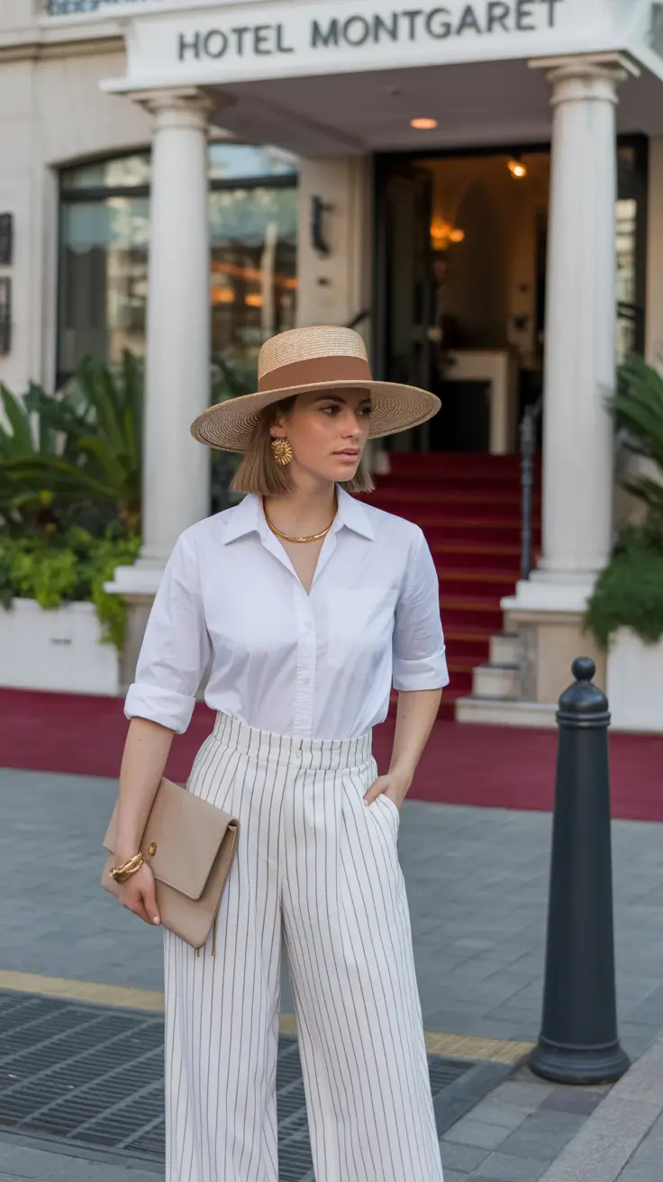 bold old money spring outfits 2026 Striped Trousers and a Wide-Brim Hat for Refined Spring Cool