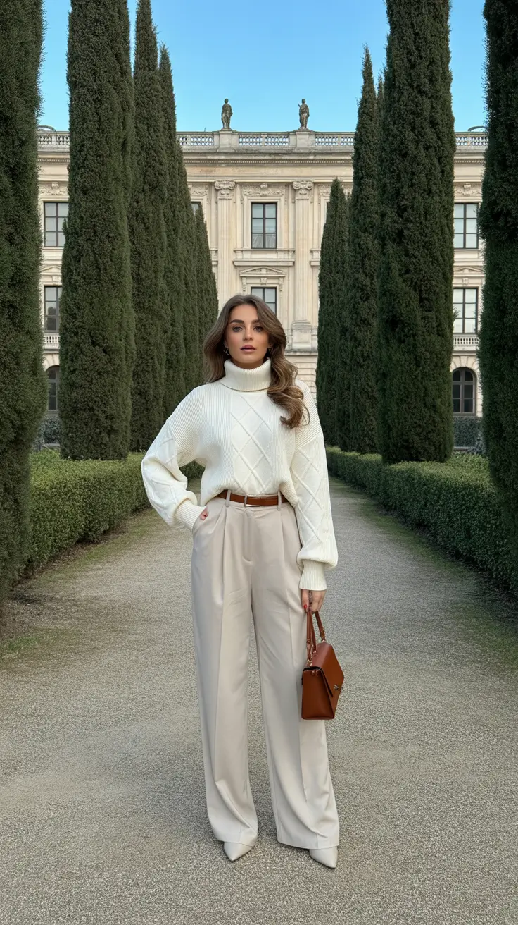 bold old money spring outfits 2026 Cream Knit Quiet Luxury in a Museum Garden
