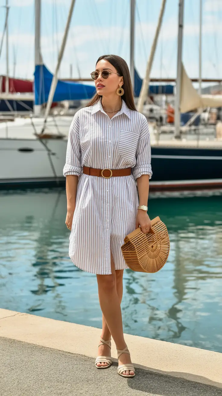 bold old money spring outfits 2026 Striped Shirt-Dress Ease by the Marina Breeze