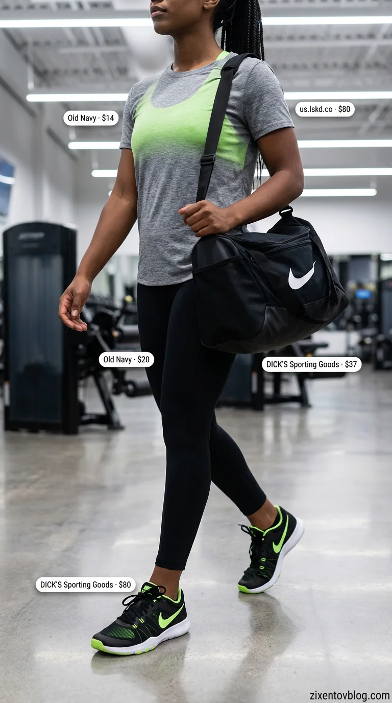 Power Hour Performance Gym Outfits 2026 Energetic gym outfits for women 2026 featuring black leggings, neon green bra, and matching cross-training sneakers.