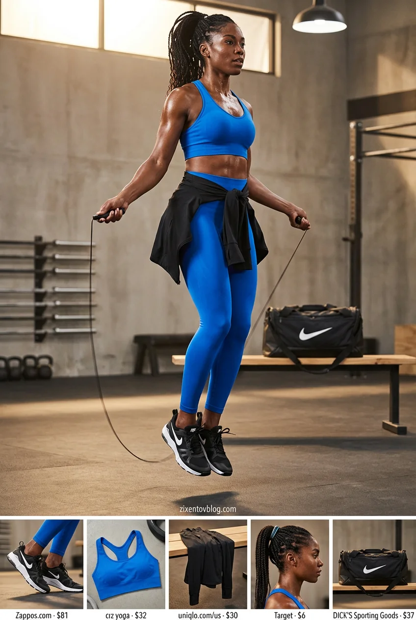 Powerful electric blue matching set with high-waisted leggings and sports bra for trendy gym outfits for women 2026.