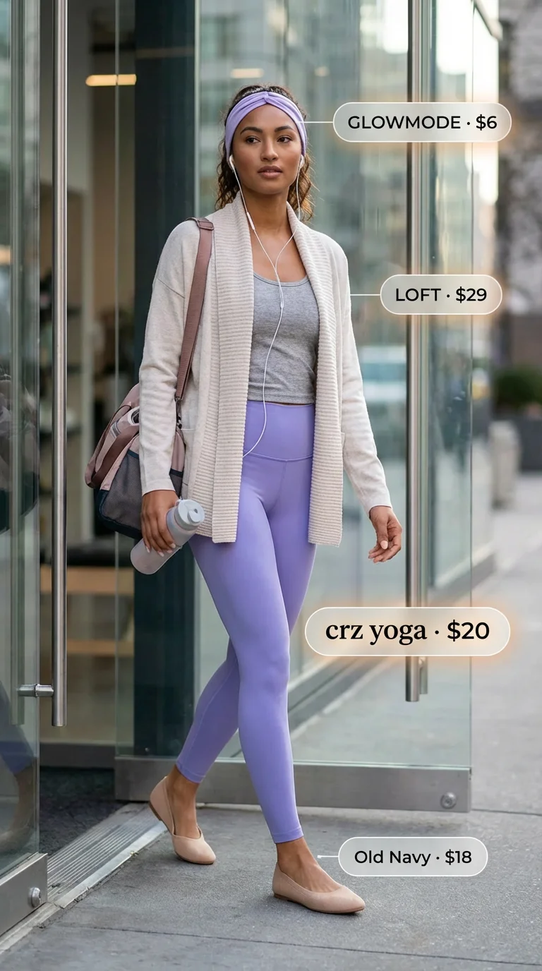 Studio Flow & Focus Gym Outfits 2026 Serene lavender yoga leggings, light grey tank, and nude studio flats among popular gym outfits for women 2026.