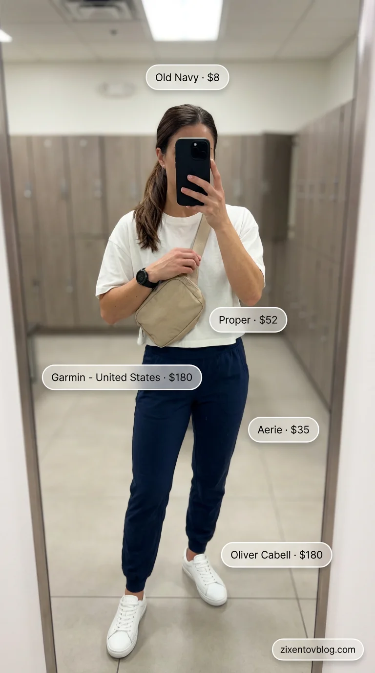 Athleisure Errands Style: Gym Outfits for Women 2026 Navy blue and white casual athleisure outfit for women, featuring tapered joggers, a cropped t-shirt, and classic white sneakers. Effortless Gym outfits for women 2026.