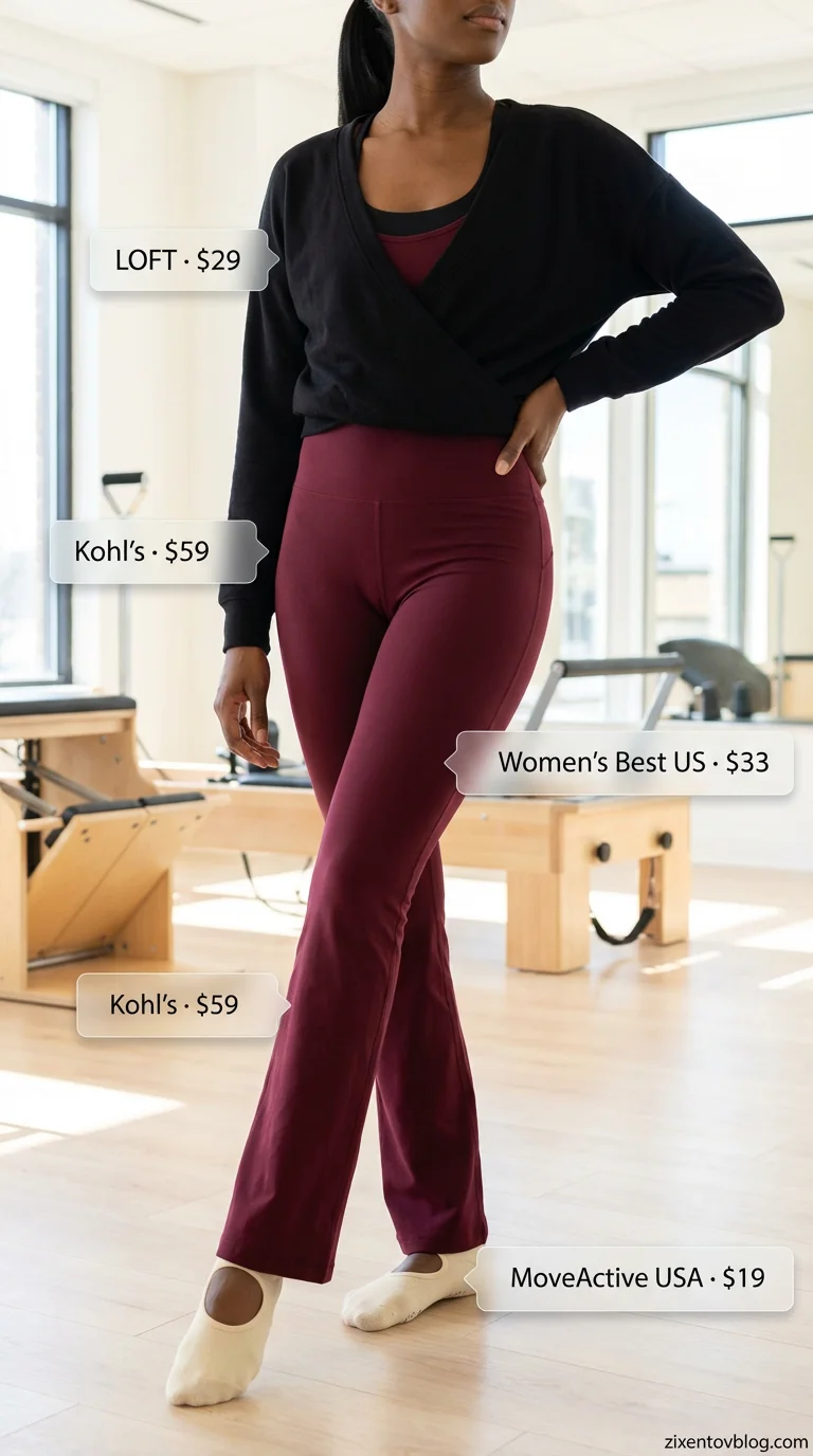 Barre Class Elegance: Gym Outfits for Women 2026 Elegant burgundy active jumpsuit with a black wrap top and cream grip socks, a graceful gym outfit for women 2026 perfect for barre or Pilates.